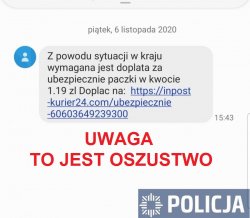 Na zdjęciu zrzut ekranu z telefonu komórkowego zawierający treść sugerującą dopłatę za paczkę